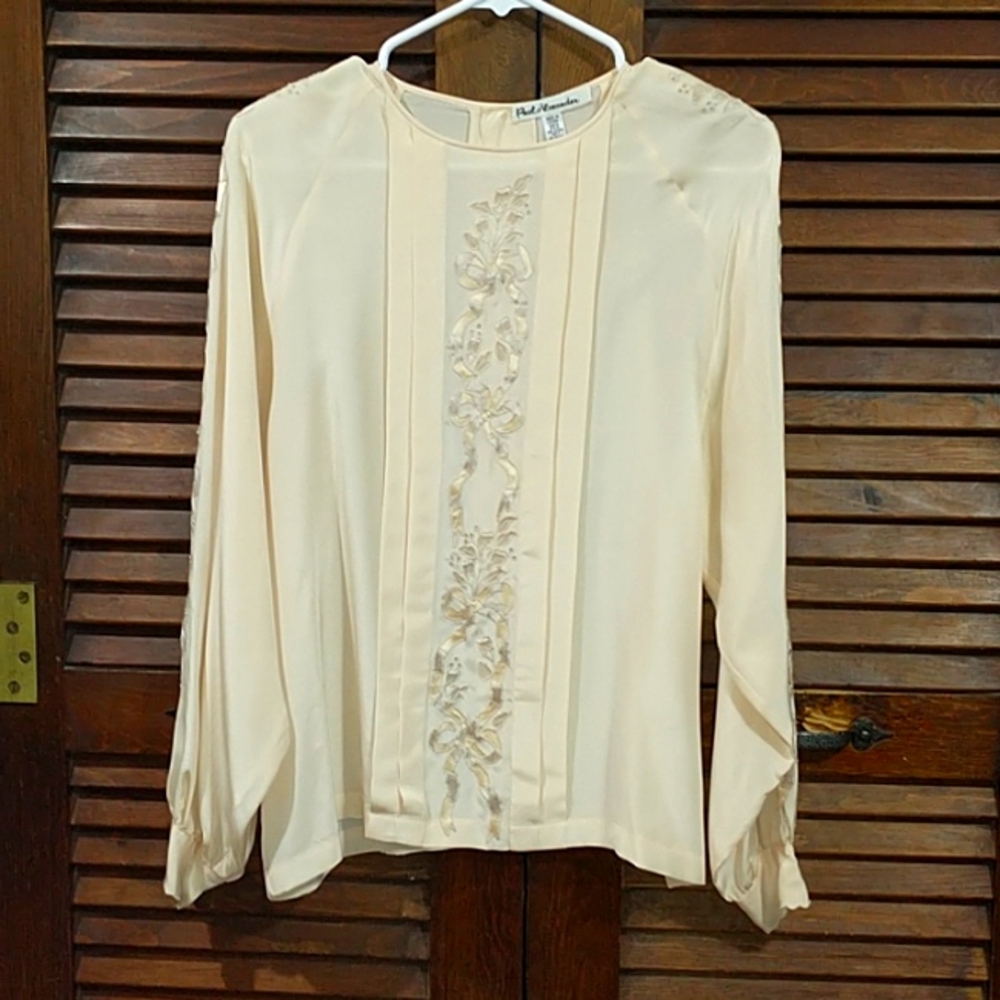 Vintage Paul Alexander Peach Floral Silk Long Sleeve Blouse Size 10